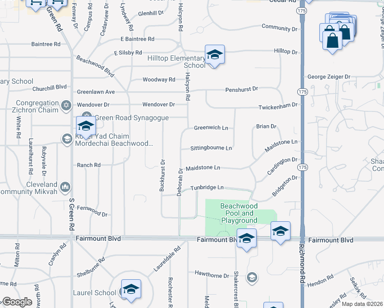 map of restaurants, bars, coffee shops, grocery stores, and more near 24360 Sittingbourne Lane in Beachwood