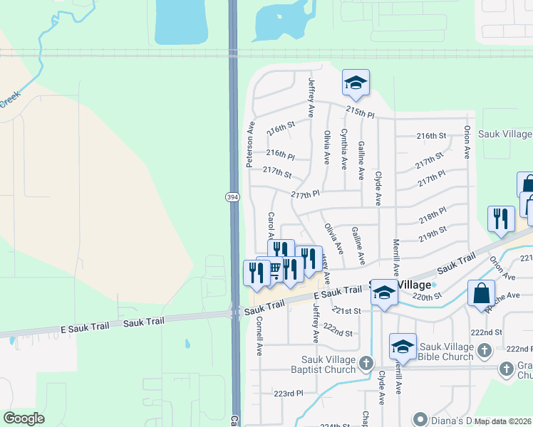 map of restaurants, bars, coffee shops, grocery stores, and more near 21762 Carol Avenue in Sauk Village