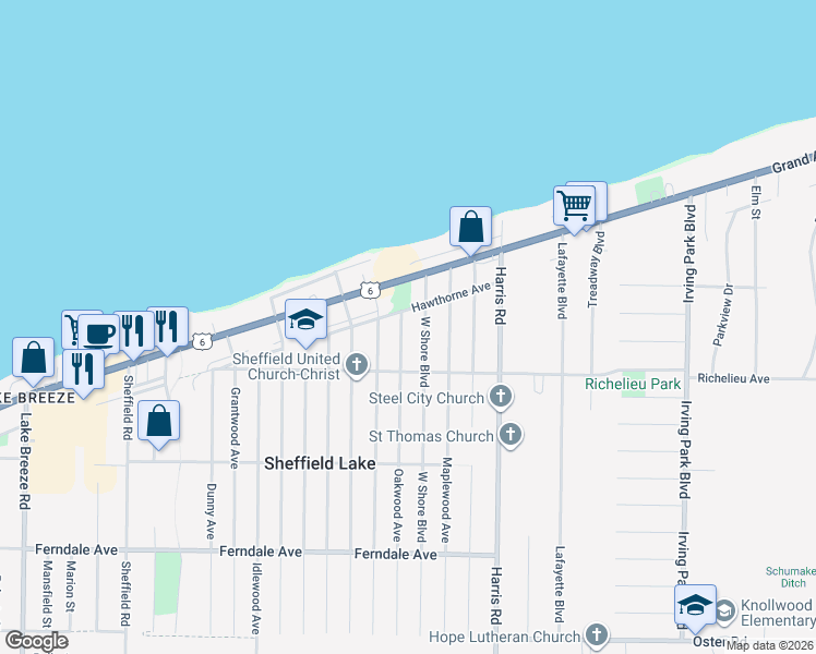 map of restaurants, bars, coffee shops, grocery stores, and more near 549 Oakwood Ave in Sheffield Lake