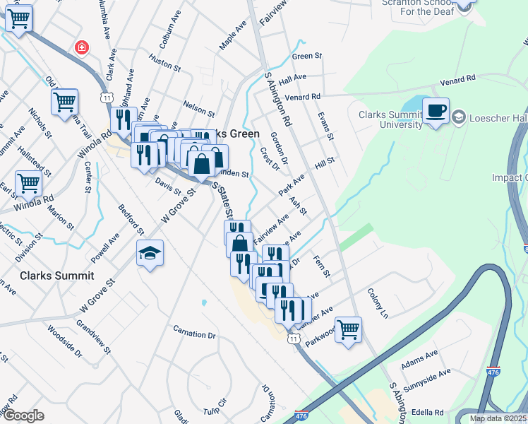 map of restaurants, bars, coffee shops, grocery stores, and more near 802 Poplar St in Clarks Summit