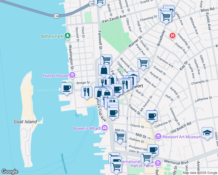 map of restaurants, bars, coffee shops, grocery stores, and more near in Newport