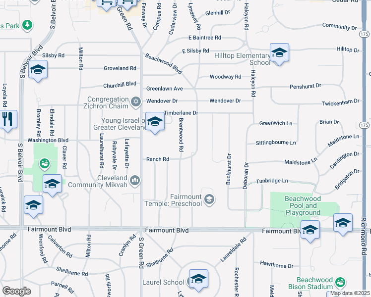 map of restaurants, bars, coffee shops, grocery stores, and more near 2499 Brentwood Road in Beachwood