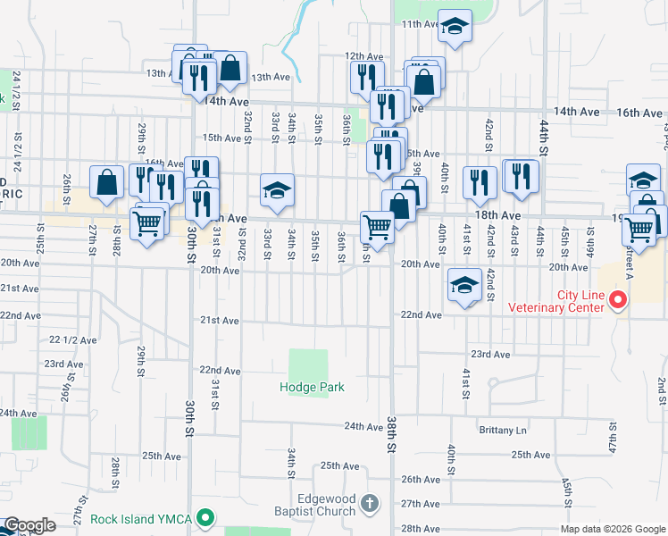 map of restaurants, bars, coffee shops, grocery stores, and more near 1862 36th Street in Rock Island