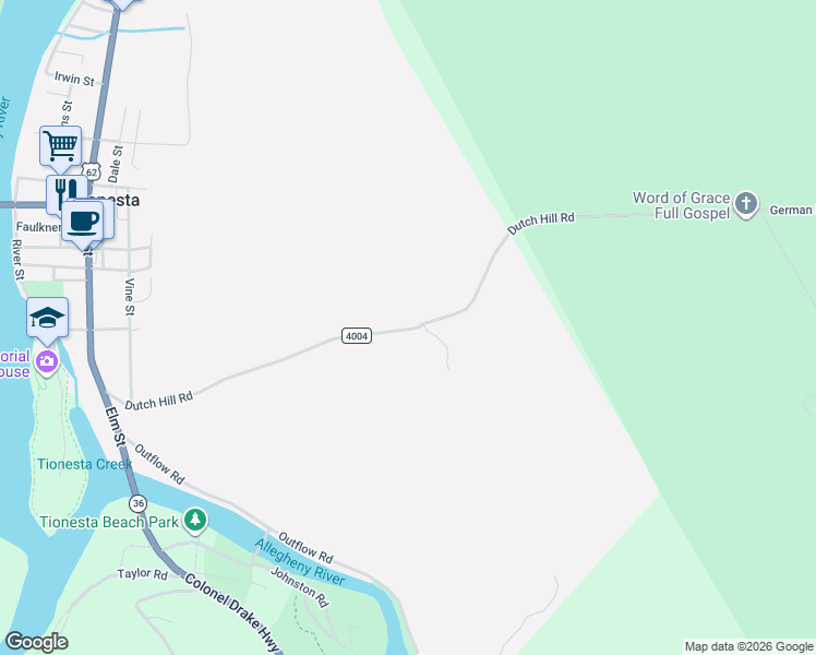 map of restaurants, bars, coffee shops, grocery stores, and more near 2-8 German Hill Road in Tionesta