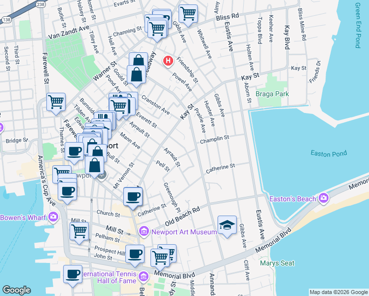 map of restaurants, bars, coffee shops, grocery stores, and more near 45 Everett Street in Newport
