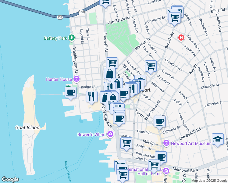 map of restaurants, bars, coffee shops, grocery stores, and more near in Newport