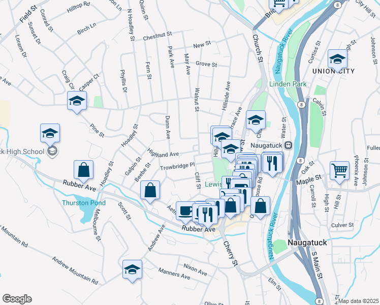 map of restaurants, bars, coffee shops, grocery stores, and more near 152 Cliff Street in Naugatuck
