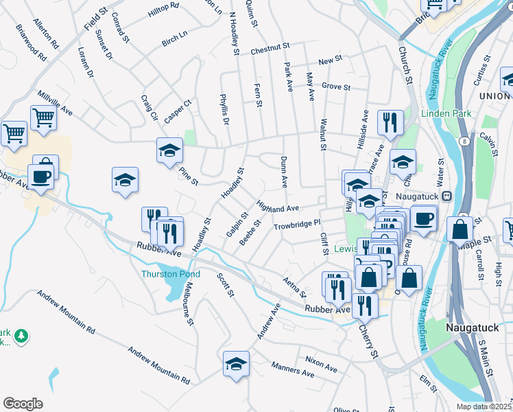 map of restaurants, bars, coffee shops, grocery stores, and more near 111 Highland Avenue in Naugatuck
