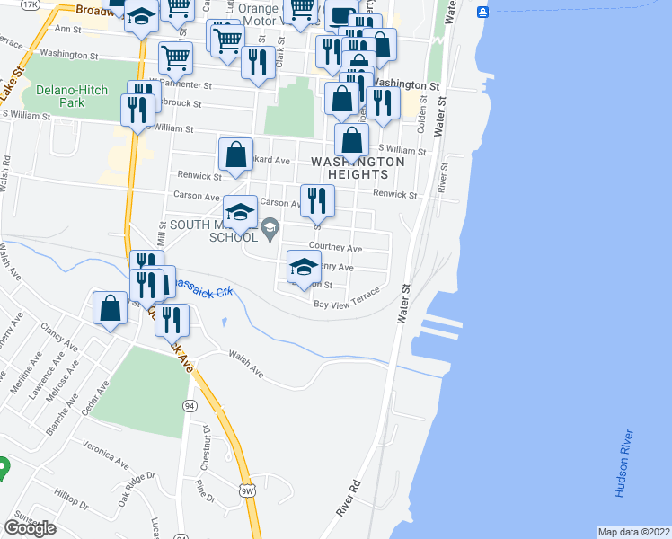 map of restaurants, bars, coffee shops, grocery stores, and more near 47 Henry Avenue in Newburgh