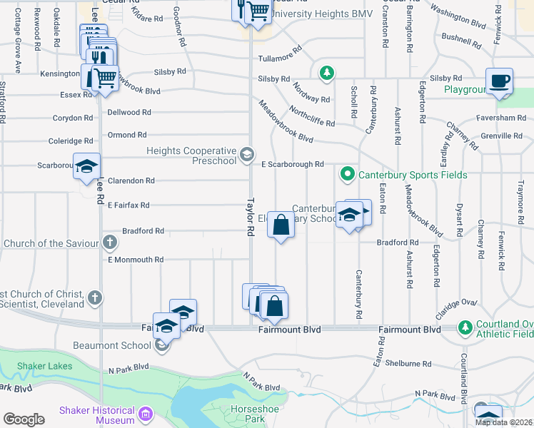 map of restaurants, bars, coffee shops, grocery stores, and more near 2502 Queenston Road in Cleveland Heights