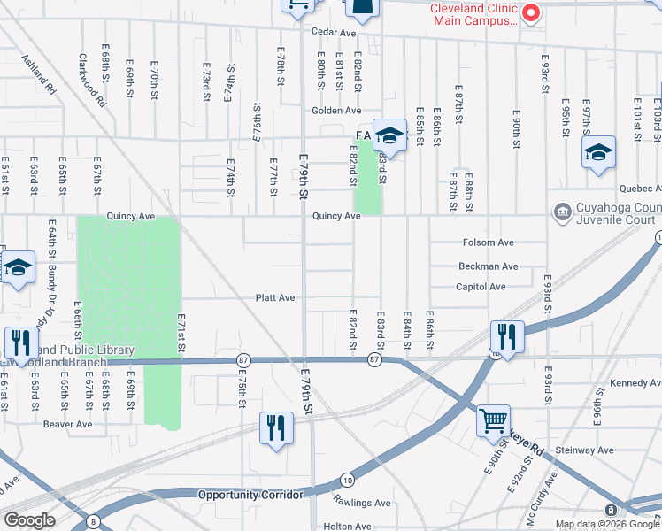map of restaurants, bars, coffee shops, grocery stores, and more near 8115 Townsend Avenue in Cleveland