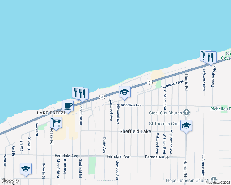 map of restaurants, bars, coffee shops, grocery stores, and more near 4376 U.S. 6 in Sheffield Lake