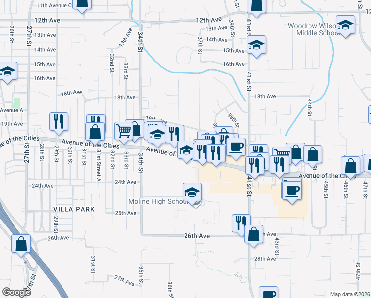 map of restaurants, bars, coffee shops, grocery stores, and more near 3501 Avenue Of The Cities in Moline