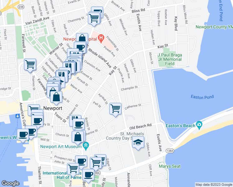 map of restaurants, bars, coffee shops, grocery stores, and more near 83 Rhode Island Avenue in Newport