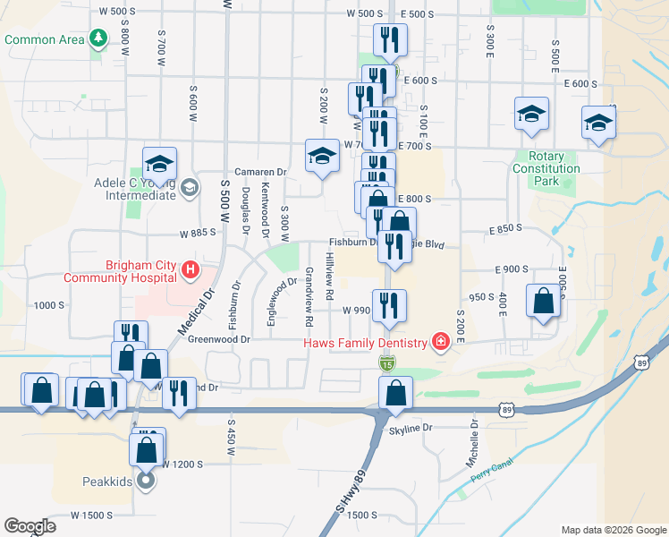 map of restaurants, bars, coffee shops, grocery stores, and more near 935 Hillview Road in Brigham City