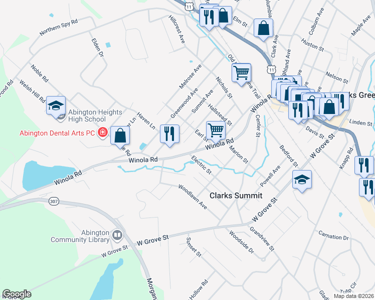 map of restaurants, bars, coffee shops, grocery stores, and more near 716 Winola Road in Clarks Summit