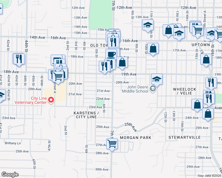 map of restaurants, bars, coffee shops, grocery stores, and more near 555 21st Avenue in Moline