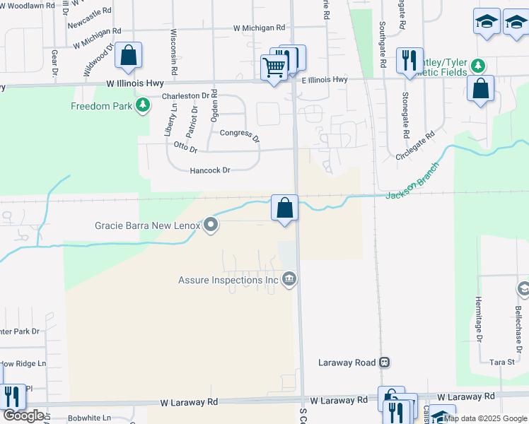 map of restaurants, bars, coffee shops, grocery stores, and more near 14460 West Edison Drive in New Lenox