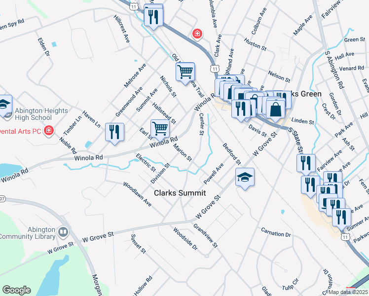 map of restaurants, bars, coffee shops, grocery stores, and more near 201 Marion Street in Clarks Summit