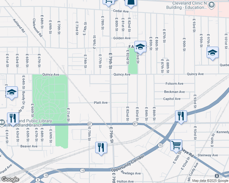 map of restaurants, bars, coffee shops, grocery stores, and more near 7913 Townsend Ave in Cleveland