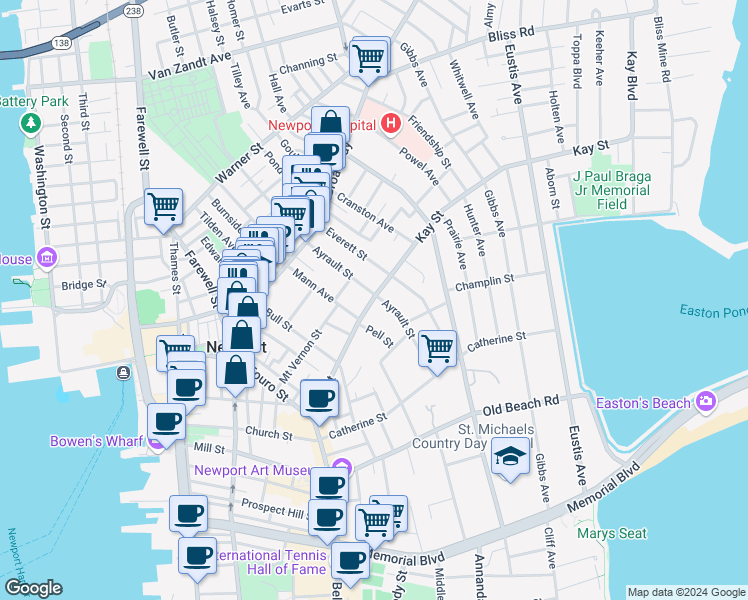 map of restaurants, bars, coffee shops, grocery stores, and more near 45 Ayrault Street in Newport