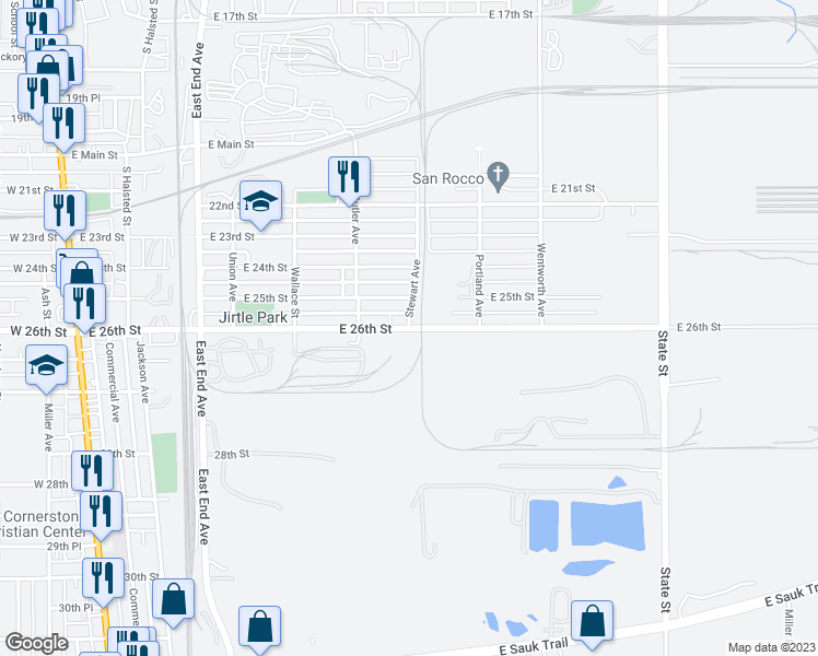 map of restaurants, bars, coffee shops, grocery stores, and more near Stewart Avenue in Chicago Heights