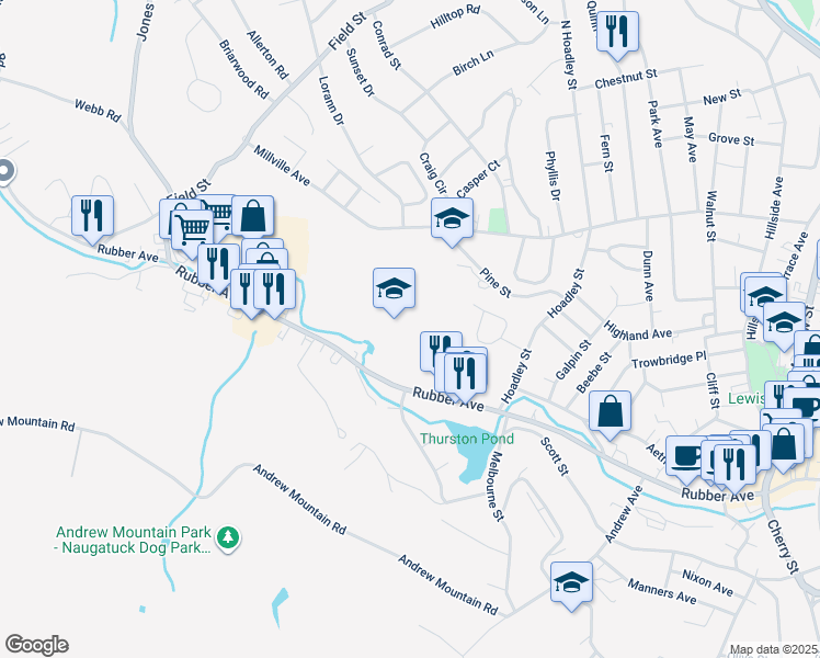 map of restaurants, bars, coffee shops, grocery stores, and more near 543 Rubber Avenue in Naugatuck
