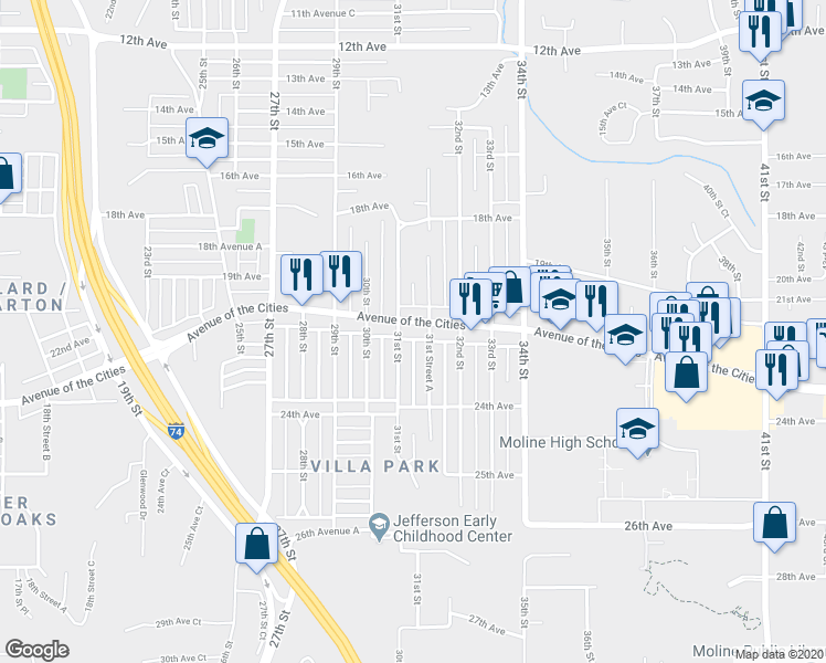 map of restaurants, bars, coffee shops, grocery stores, and more near 3112 Avenue of the Cities in Moline