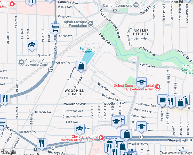 map of restaurants, bars, coffee shops, grocery stores, and more near 10908 Mount Overlook Avenue in Cleveland