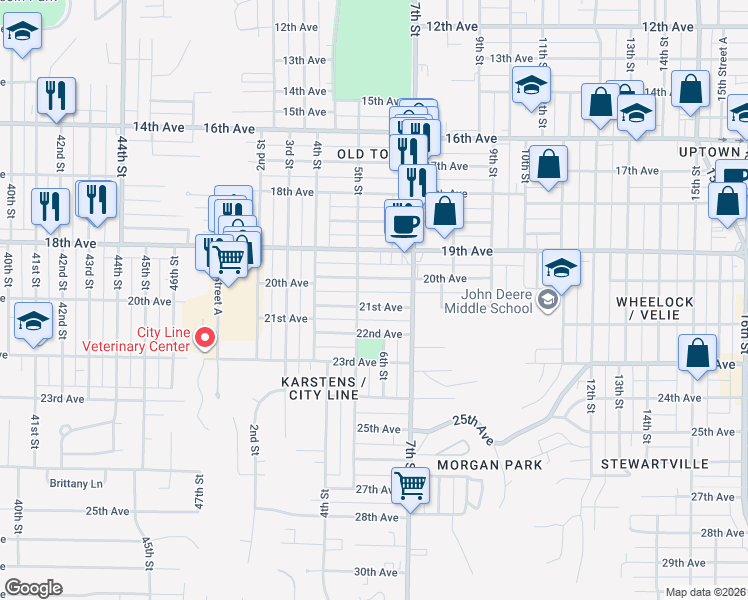 map of restaurants, bars, coffee shops, grocery stores, and more near 517 21st Avenue in Moline