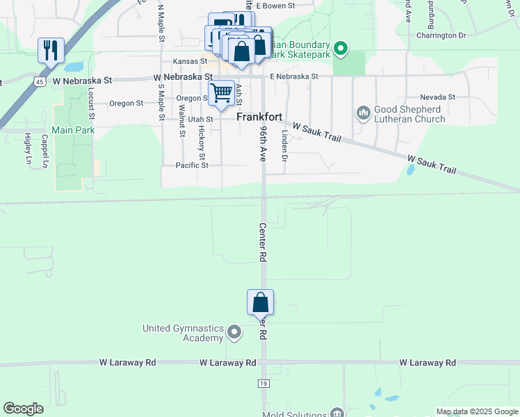 map of restaurants, bars, coffee shops, grocery stores, and more near 408 Center Road in Frankfort