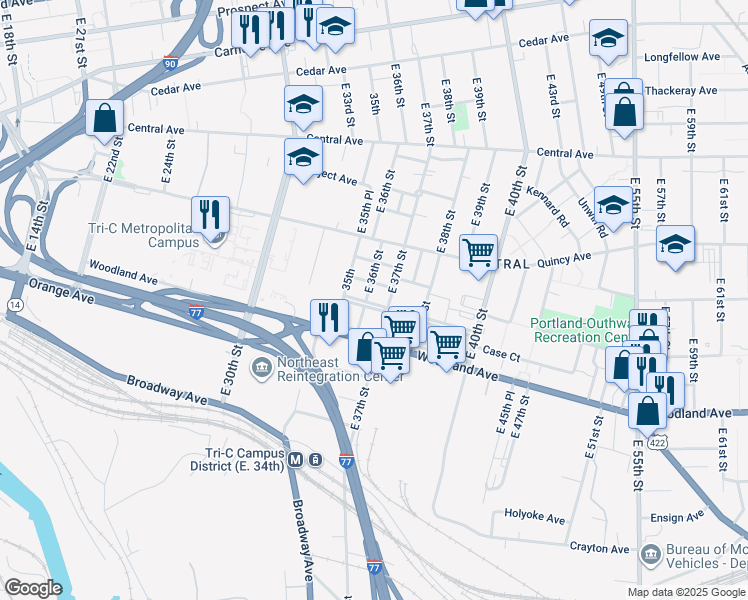map of restaurants, bars, coffee shops, grocery stores, and more near 3609 Longwood Avenue in Cleveland