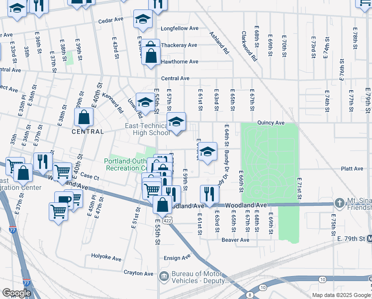 map of restaurants, bars, coffee shops, grocery stores, and more near Scovill Avenue in Cleveland