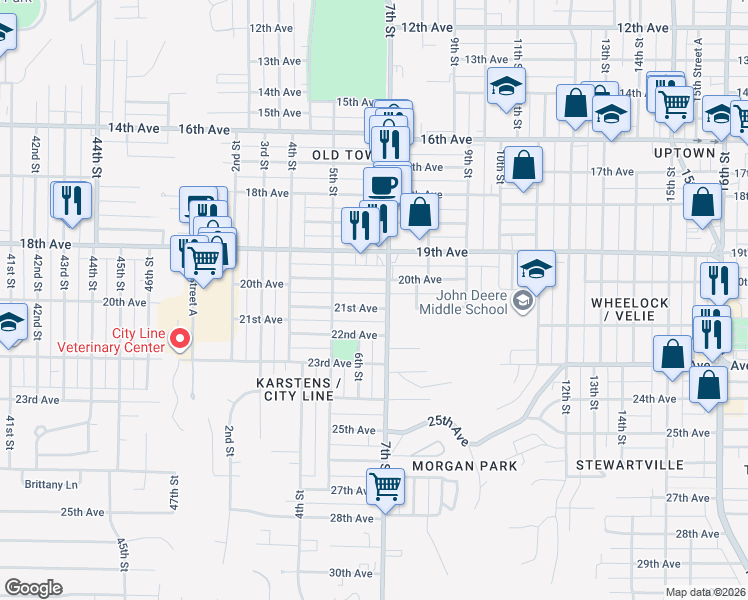 map of restaurants, bars, coffee shops, grocery stores, and more near 555 21st Avenue in Moline