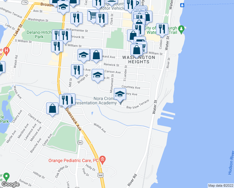 map of restaurants, bars, coffee shops, grocery stores, and more near 92 Beacon Street in Newburgh