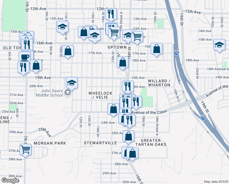 map of restaurants, bars, coffee shops, grocery stores, and more near 2025 15th Street in Moline