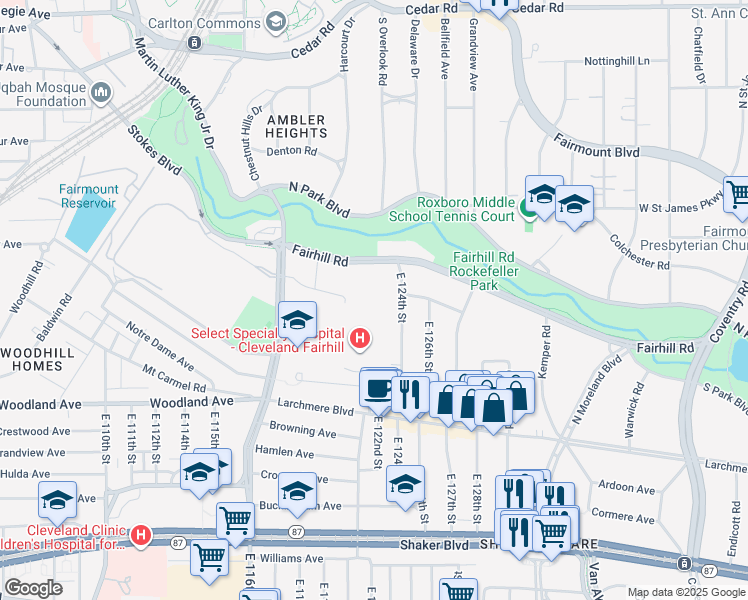 map of restaurants, bars, coffee shops, grocery stores, and more near 12200 Fairhill Road in Cleveland
