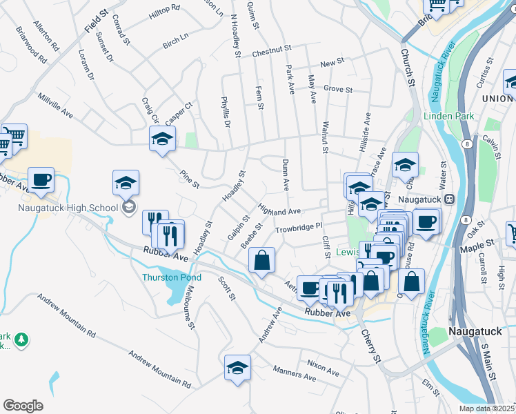 map of restaurants, bars, coffee shops, grocery stores, and more near 99 Galpin Street in Naugatuck