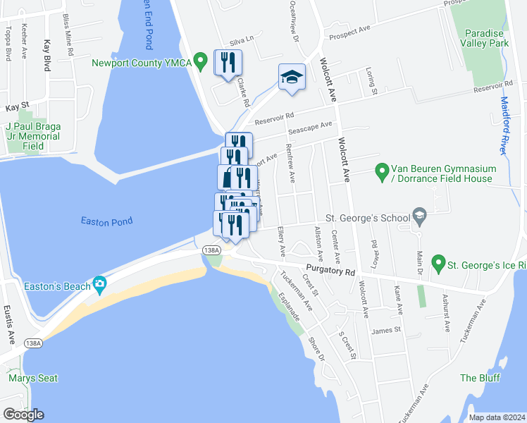 map of restaurants, bars, coffee shops, grocery stores, and more near 18 Warren Avenue in Middletown