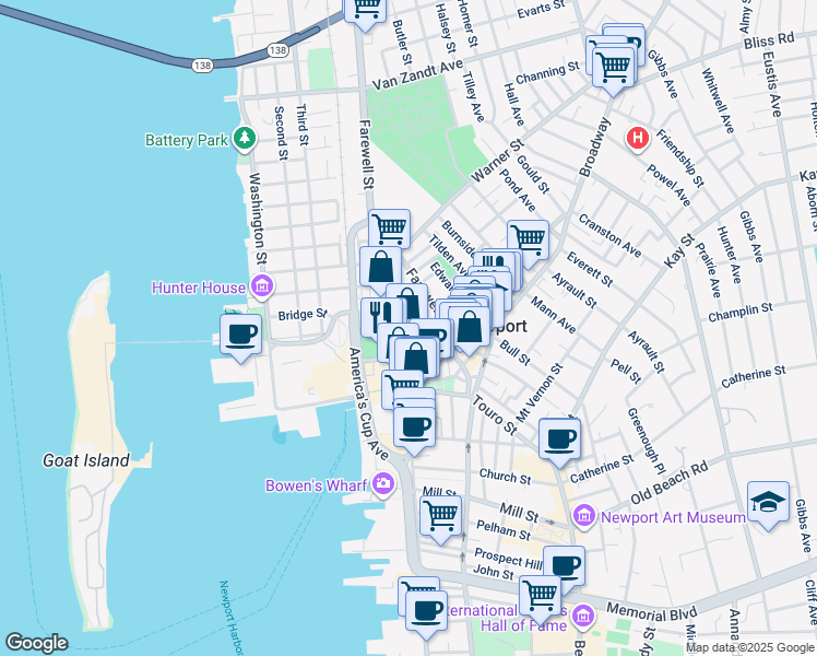 map of restaurants, bars, coffee shops, grocery stores, and more near 11 Coddington Street in Newport