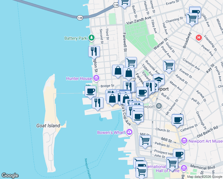 map of restaurants, bars, coffee shops, grocery stores, and more near 7 Marsh Street in Newport