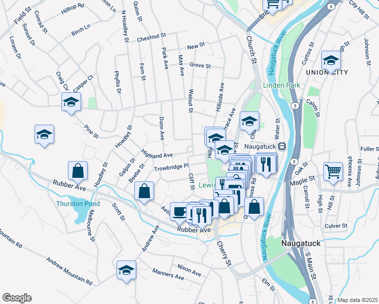 map of restaurants, bars, coffee shops, grocery stores, and more near 152 Cliff Street in Naugatuck