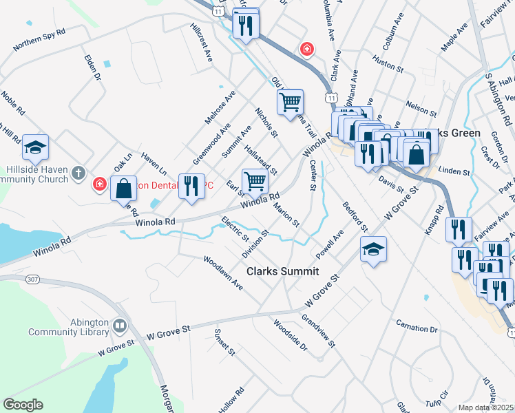 map of restaurants, bars, coffee shops, grocery stores, and more near 101 Junction Street in Clarks Summit