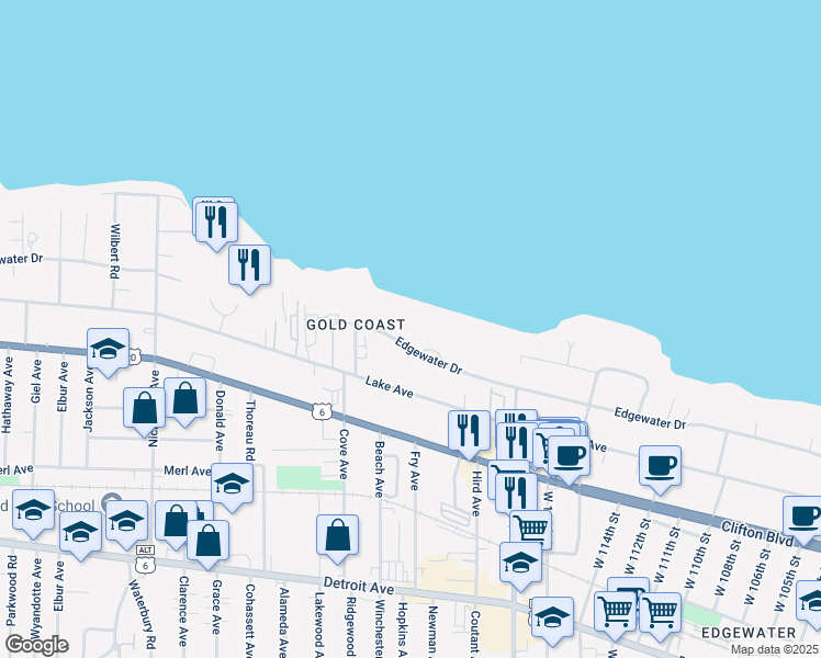 map of restaurants, bars, coffee shops, grocery stores, and more near 11900 Edgewater Drive in Lakewood