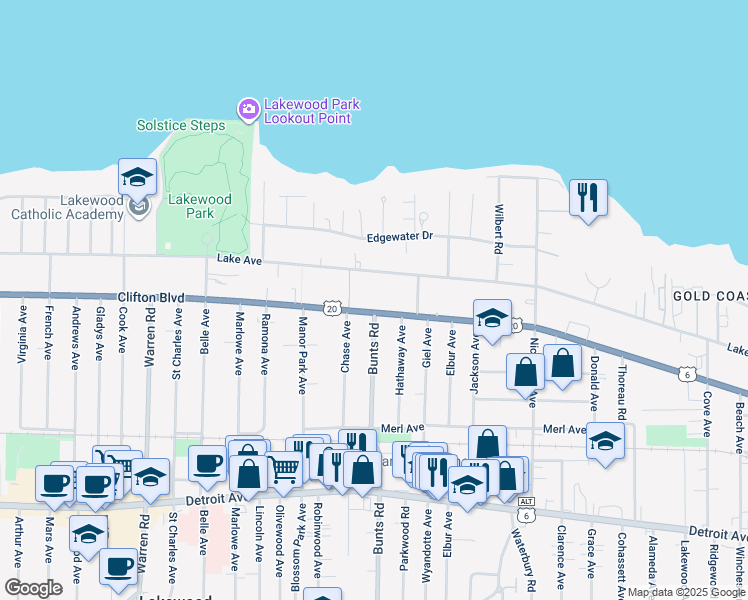 map of restaurants, bars, coffee shops, grocery stores, and more near 13844 Clifton Boulevard in Lakewood