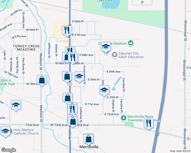 map of restaurants, bars, coffee shops, grocery stores, and more near 330 E 69th Pl in Merrillville