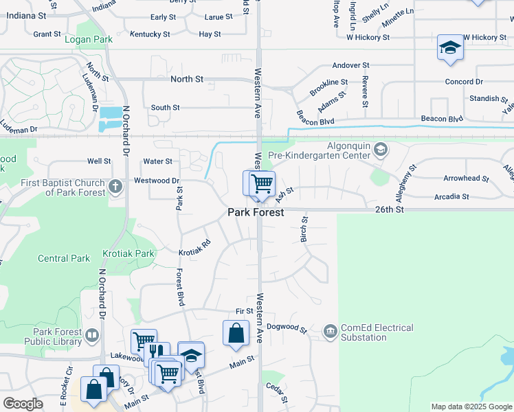 map of restaurants, bars, coffee shops, grocery stores, and more near in Park Forest