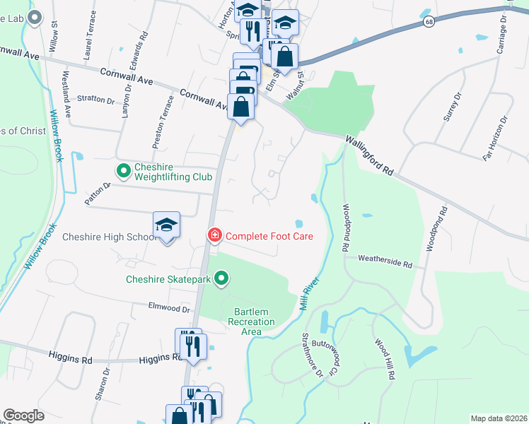 map of restaurants, bars, coffee shops, grocery stores, and more near 438 South Main Street in Cheshire