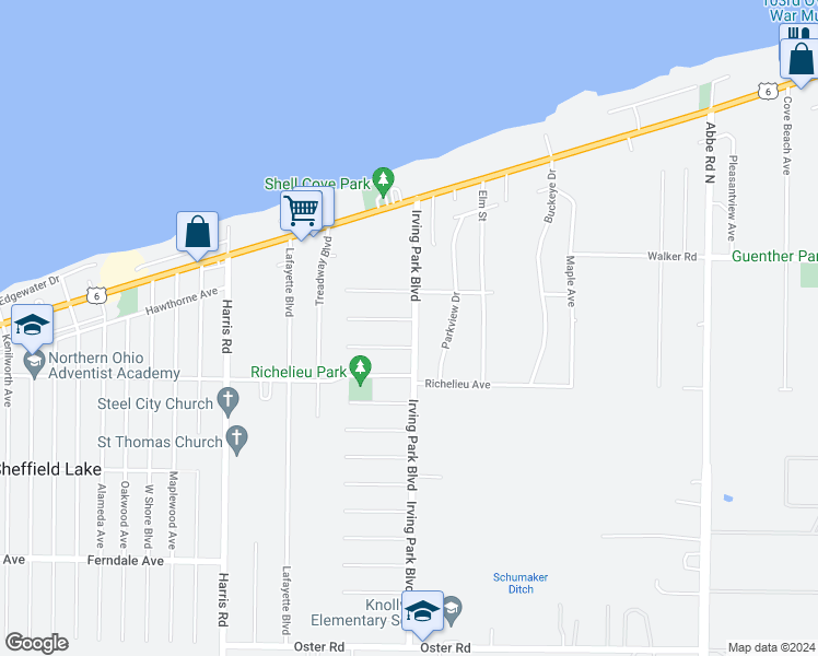 map of restaurants, bars, coffee shops, grocery stores, and more near 535 Irving Park Boulevard in Sheffield Lake