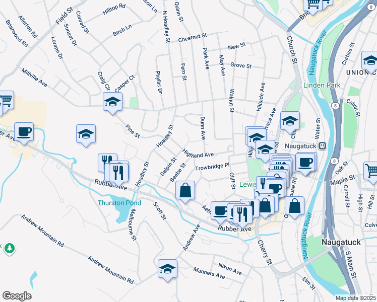 map of restaurants, bars, coffee shops, grocery stores, and more near 111 Highland Avenue in Naugatuck